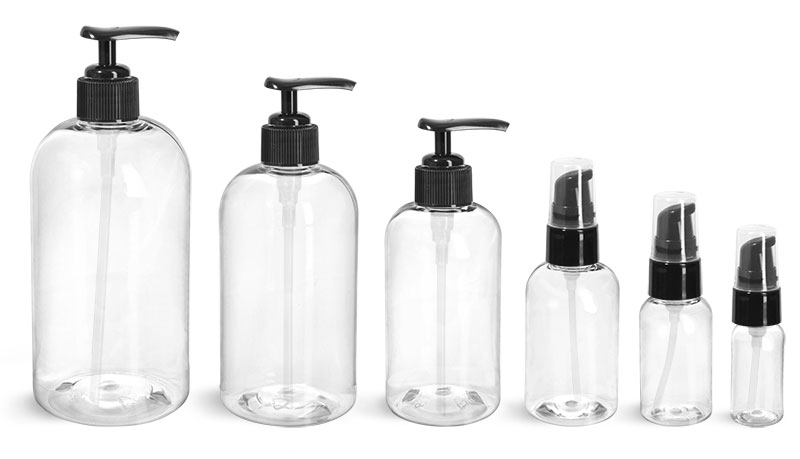 Clear PET Boston Round Bottles With Black Treatment Pumps