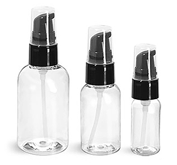 Plastic Bottles, Clear PET Boston Round Bottles With Black Treatment Pumps