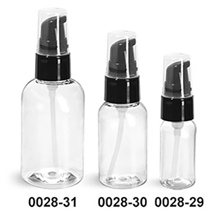 Plastic Bottles, Clear PET Boston Round Bottles With Black Treatment Pumps