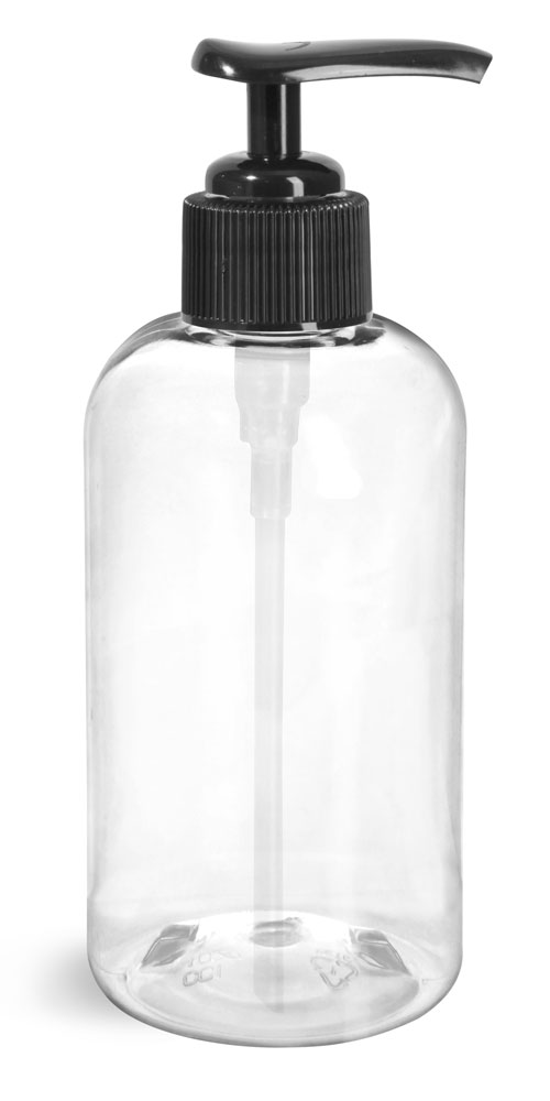 8 oz Clear PET Boston Round Bottles w/ Black Lotion Pumps