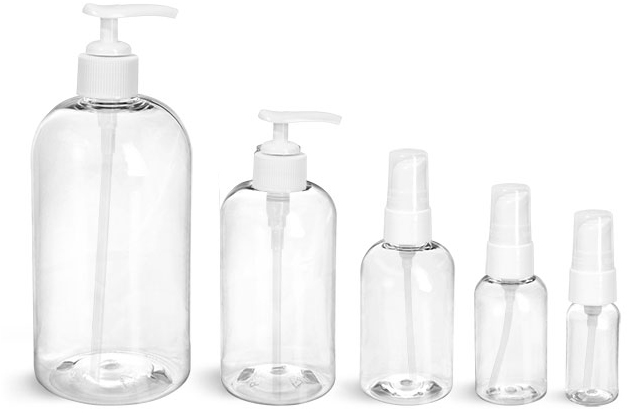 Clear PET Boston Round Bottles With White Treatment Pumps