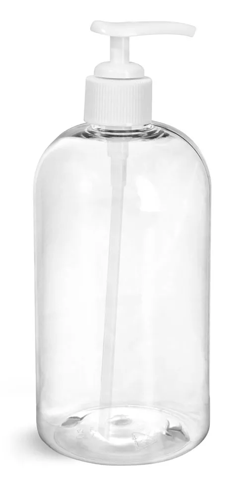 16 oz Clear PET Boston Round Bottles w/ White Lotion Pumps & Treatment Pumps