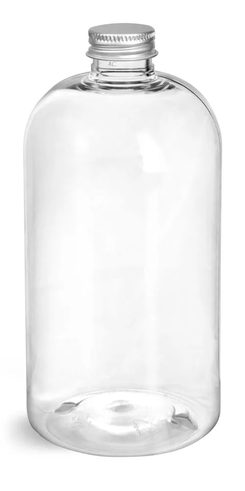 16 oz Clear PET Boston Round Bottles w/ Lined Aluminum Caps