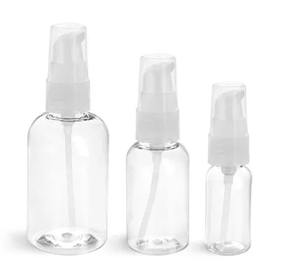 PET Plastic Bottles, Clear Boston Round Bottles w/ Natural Treatment Pumps
