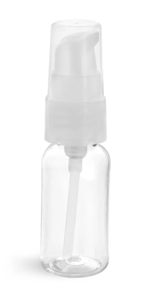 1 oz Clear PET Boston Round Bottles w/ Natural Treatment Pumps
