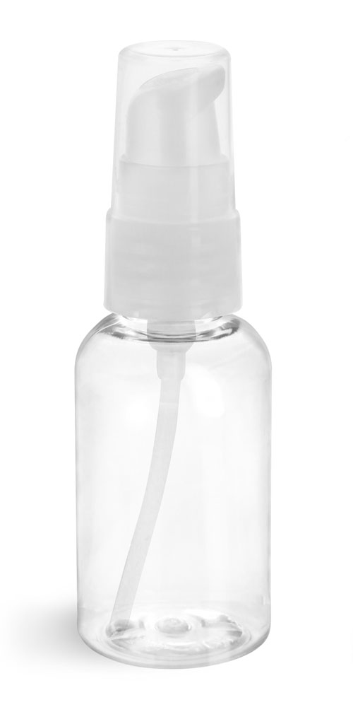 2 oz Clear PET Boston Round Bottles w/ Natural Treatment Pumps