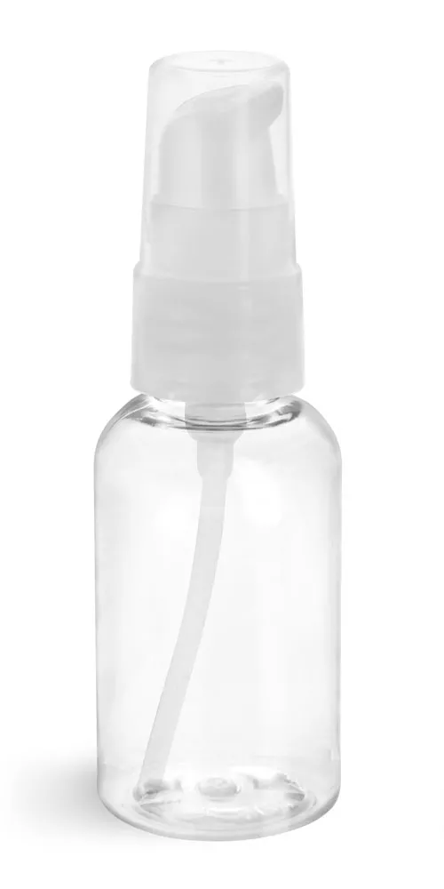 2 oz Clear PET Boston Round Bottles w/ Natural Treatment Pumps