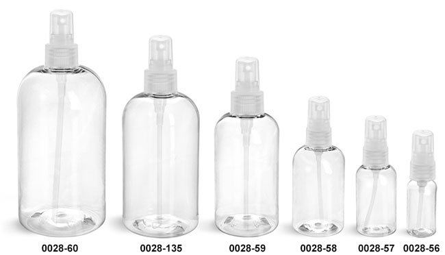 Plastic Bottles, Clear PET Boston Round Bottles With Natural Fine Mist Sprayers