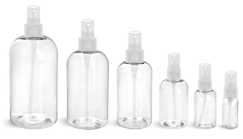 PET Plastic Bottles, Clear Boston Round Bottles w/ Natural Fine Mist Sprayers