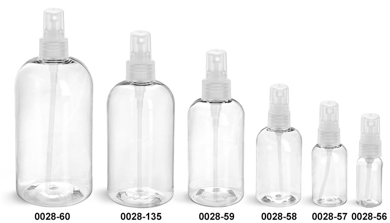 Plastic Bottles, Clear PET Boston Round Bottles With Natural Fine Mist Sprayers