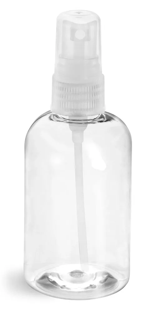 4 oz Clear PET Boston Round Bottles w/ Natural Fine Mist Sprayers