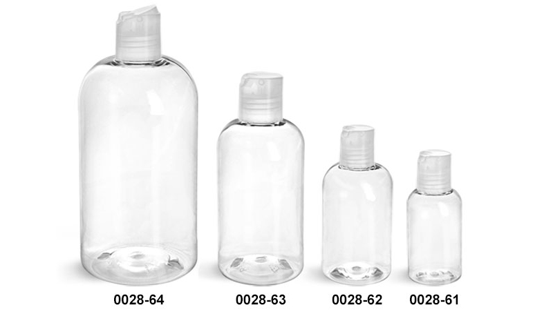 Plastic Bottles, Clear PET Boston Round Bottles w/ Natural Disc Top Caps