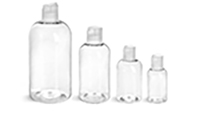 PET Plastic Bottles, Clear Boston Round Bottles w/ Natural Disc Top Caps