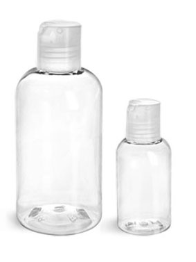 PET Plastic Bottles, Clear Boston Round Bottles w/ Natural Disc Top Caps