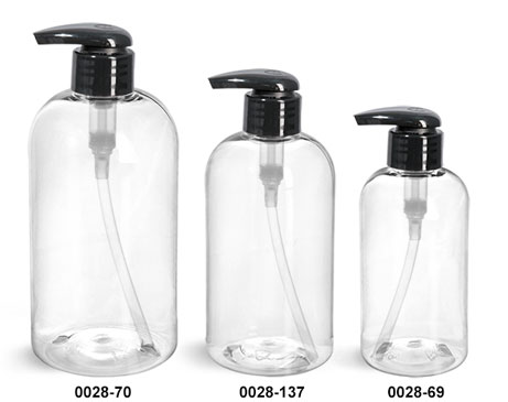 Plastic Bottles, Clear PET Boston Round Bottles w/ 2 cc Black Lotion Pumps