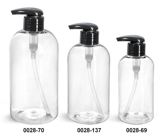 Plastic Bottles, Clear PET Boston Round Bottles w/ 2 cc Black Lotion Pumps