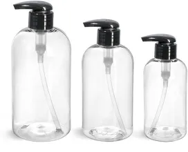 PET Clear Boston Round Bottles w/ 2 cc Black Lotion Pumps