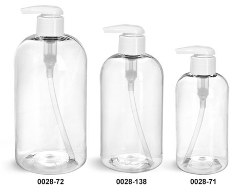 Plastic Bottles, Clear PET Boston Round Bottles w/ 2 cc White Lotion Pumps