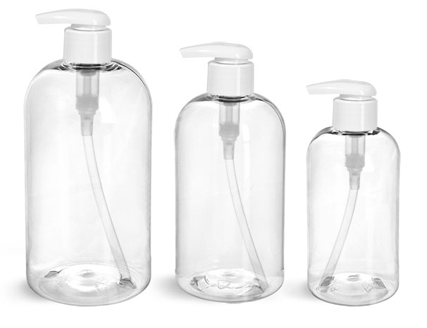 PET Plastic Bottles, Clear Boston Round Bottles w/ 2 cc White Lotion Pumps