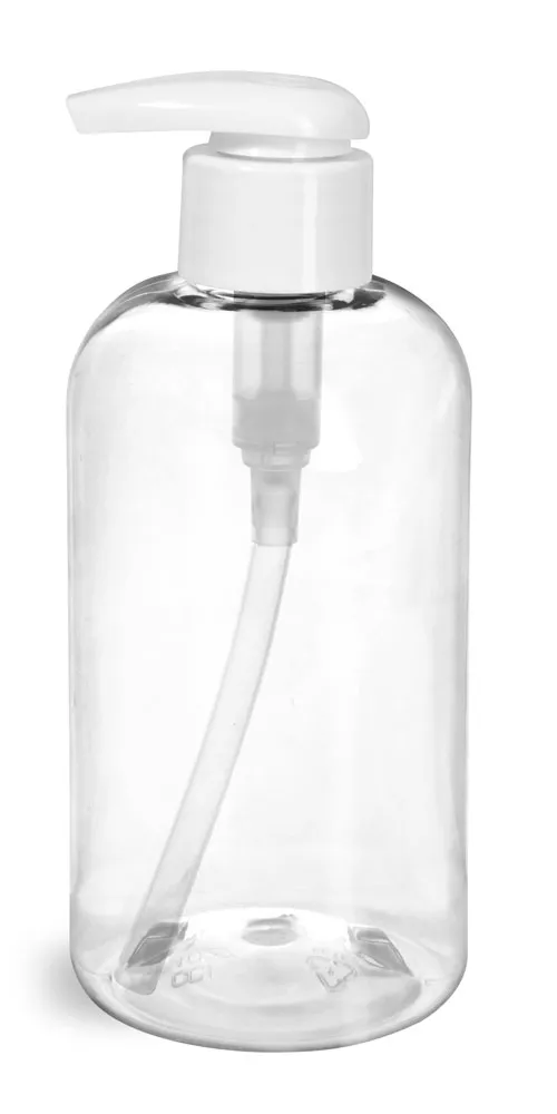 8 oz Clear PET Boston Round Bottles w/ White Lotion Pumps