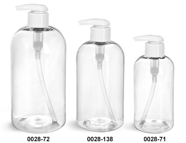 Plastic Bottles, Clear PET Boston Round Bottles w/ 2 cc White Lotion Pumps