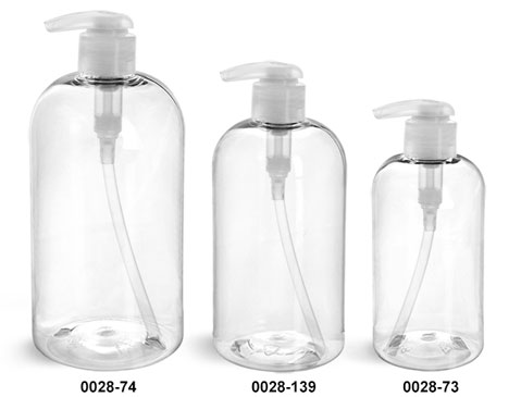 Plastic Bottles, Clear PET Boston Round Bottles w/ 2 cc Natural Lotion Pumps
