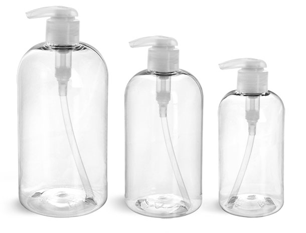 PET Plastic Bottles, Clear Boston Round Bottles w/ 2 cc Natural Lotion Pumps