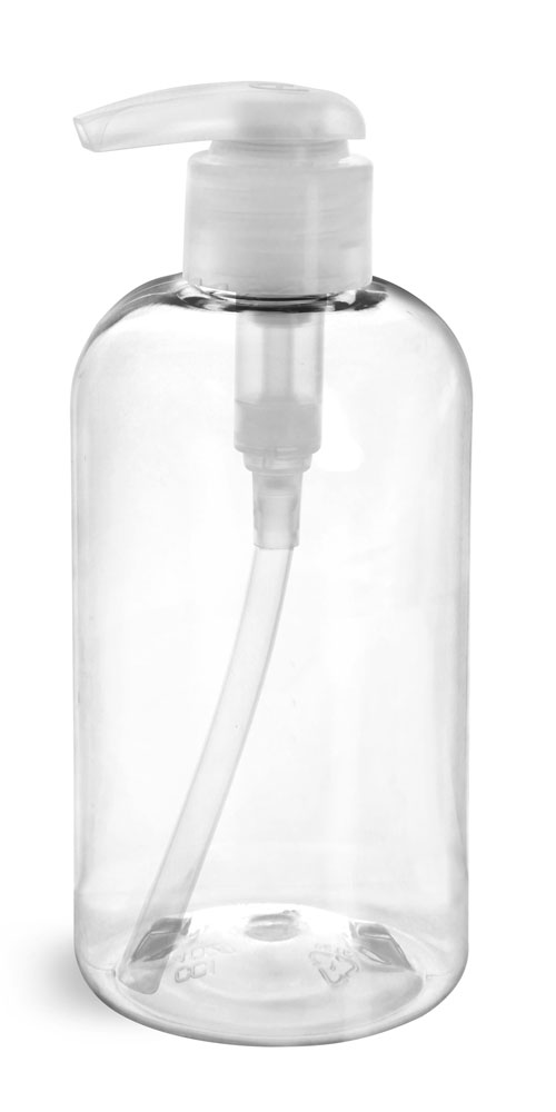 8 oz Clear PET Boston Round Bottles w/ Natural Lotion Pumps