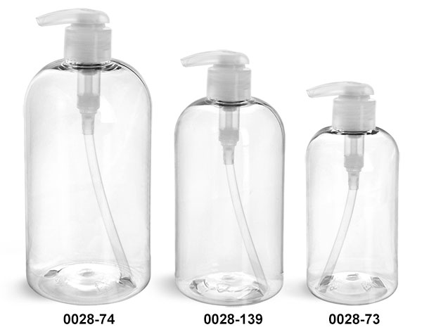 Plastic Bottles, Clear PET Boston Round Bottles w/ 2 cc Natural Lotion Pumps
