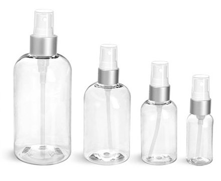 PET Plastic Bottles, Clear Boston Round Bottles w/ White Sprayers w/ Brushed Aluminum Collars