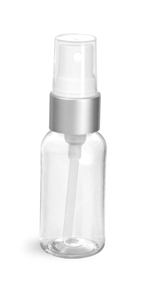 1 oz Clear PET Boston Rounds w/ White Sprayers w/ Brushed Aluminum Collars