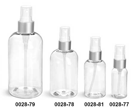 Plastic Bottles, Clear PET Boston Round Bottles With White Sprayers w/ Brushed Aluminum Collars