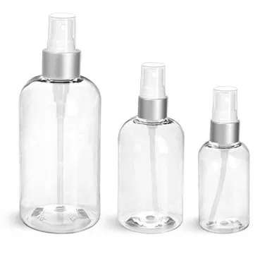 PET Plastic Bottles, Clear Boston Round Bottles w/ White Sprayers w/ Brushed Aluminum Collars
