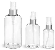 PET Clear Boston Round Bottles w/ White Sprayers w/ Brushed Aluminum Collars