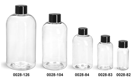 Plastic Bottles, Clear PET Boston Round Bottles With Black Smooth Lined Caps