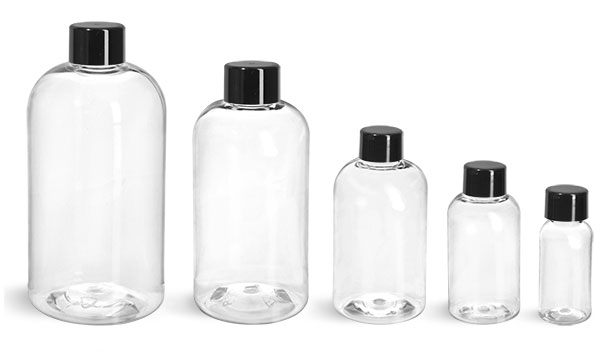 PET Plastic Bottles, Clear Boston Round Bottles w/ Black Smooth Lined Caps