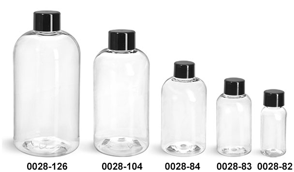 Plastic Bottles, Clear PET Boston Round Bottles With Black Smooth Lined Caps