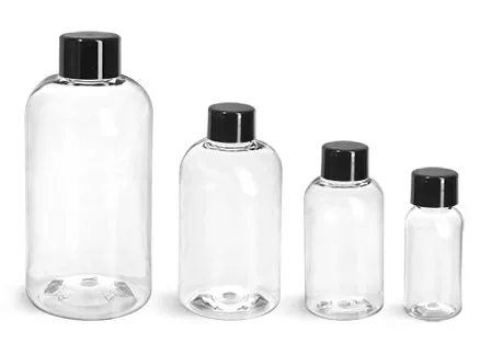 PET Plastic Bottles, Clear Boston Round Bottles w/ Black Smooth Lined Caps