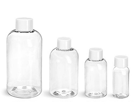 Plastic Bottles, Clear PET Boston Round Bottles With White Smooth Lined Caps
