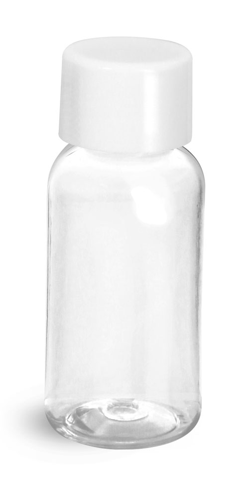 1 oz Clear PET Boston Rounds w/ White Smooth Lined Caps