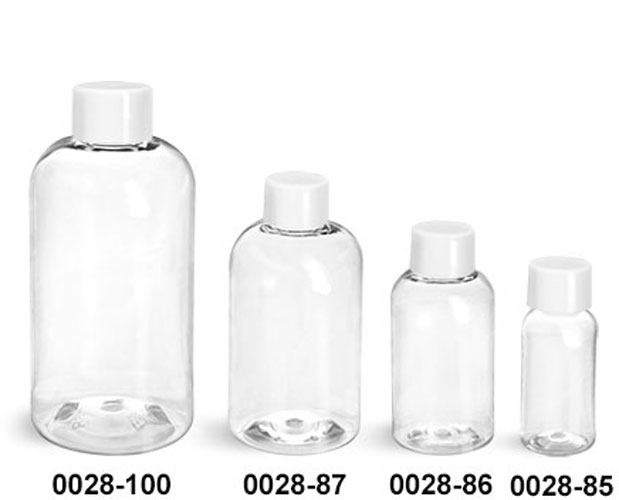 Plastic Bottles, Clear PET Boston Round Bottles With White Smooth Lined Caps