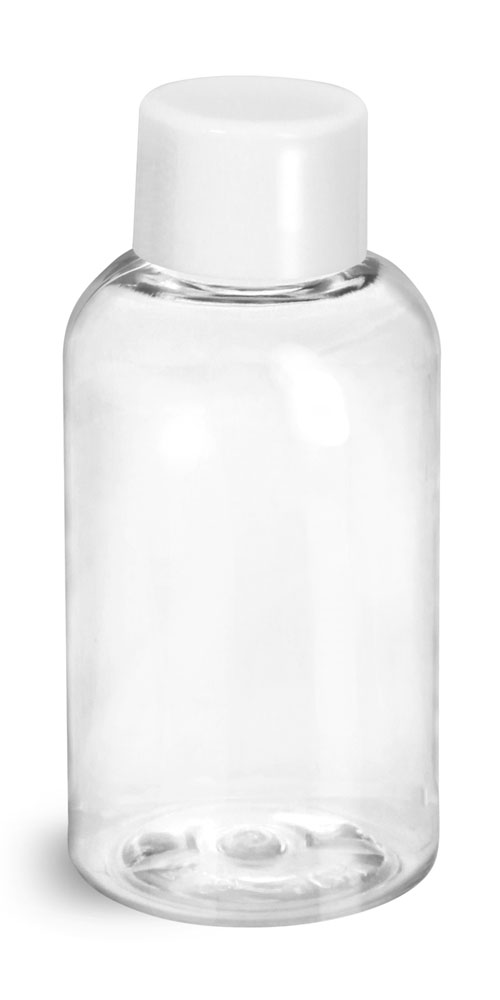 2 oz Clear PET Boston Rounds w/ White Smooth Lined Caps