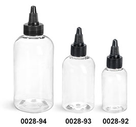 Plastic Bottles, Clear PET Boston Round Bottles w/ Black Twist Top Caps
