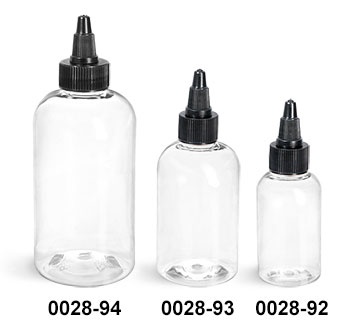 Plastic Bottles, Clear PET Boston Round Bottles w/ Black Twist Top Caps