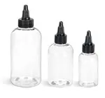 PET Plastic Bottles, Clear Boston Round Bottles w/ Black Twist Top Caps