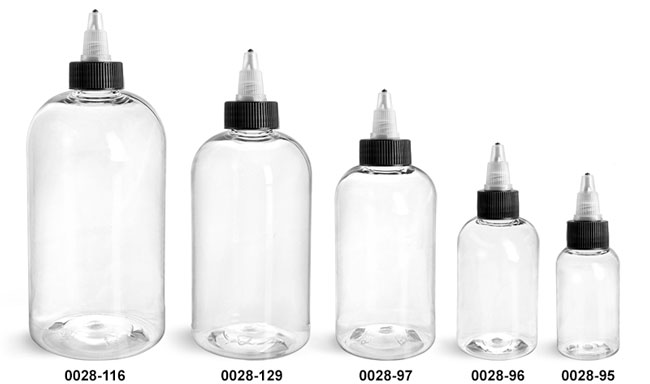 Plastic Bottles, Clear PET Boston Round Bottles w/ Black / Natural Twist Top Caps