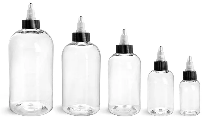 PET  Clear Boston Round Bottles w/ Black / Natural Twist Top Caps