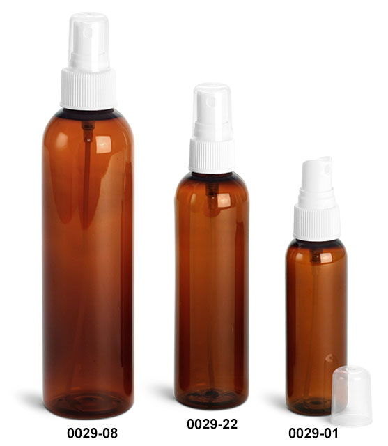 Plastic Bottles, Amber PET Cosmo Round Bottles With White Ribbed Fine Mist Sprayers