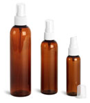 Plastic Bottles, Amber PET Cosmo Round Bottles w/ White Ribbed Fine Mist Sprayers