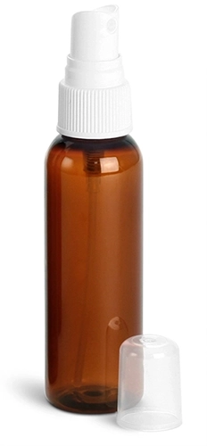 Amber PET Cosmo Round Bottles w/ White Ribbed Fine Mist Sprayers